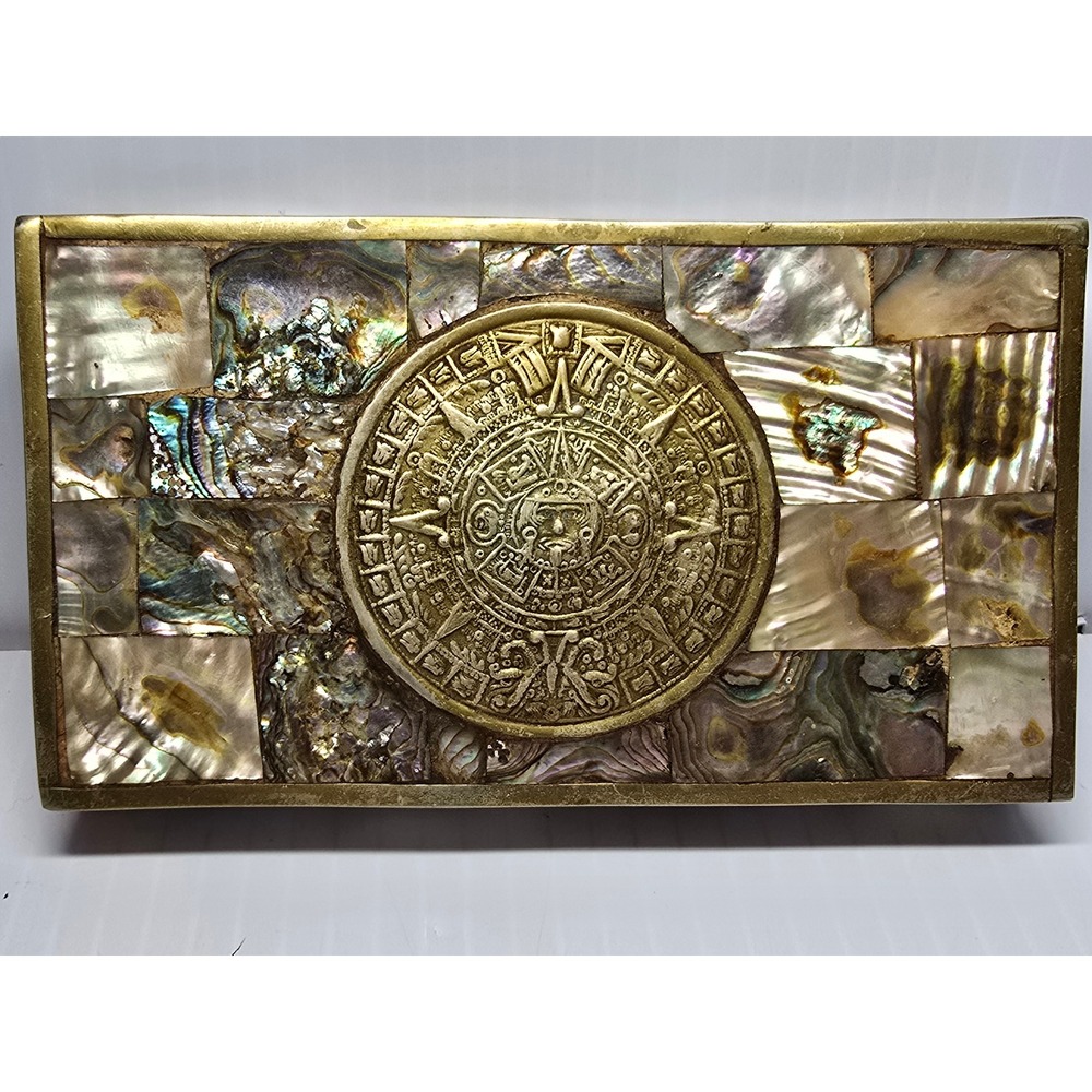 Vintage Abalone Mother Of Pearl Box W/Aztec Mayan Sun Calendar Alpacha‎ Mexico